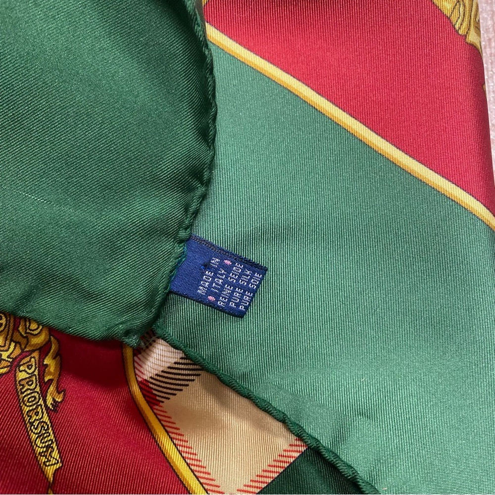 Vintage Burberrys London Silk Scarf Green Red Equestrian Prorsum Knight Logo - Picture 10 of 11